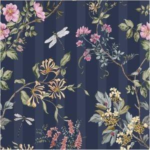 Floral Stripes Navy, Wallpaper 10.05m x 53cm Wallpaper Boutique