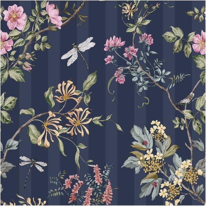 Floral Stripes Navy, Wallpaper 10.05m x 53cm Wallpaper Boutique