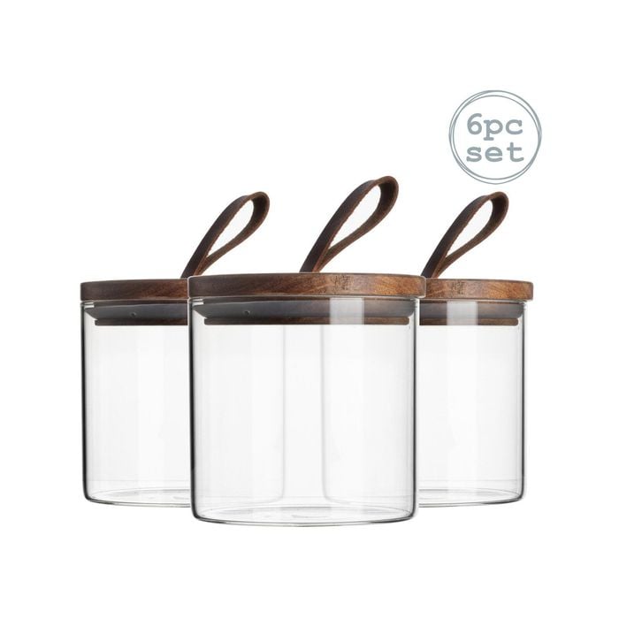 Argon Tableware 6 Piece Glass Jar With Wooden Lid Storage Container Set - Round - Leather Loop - 550ml