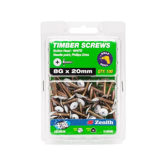 Zenith 8G x 20mm Zinc Plated Needle Point White Button Head Timber Screw - 100 Pack