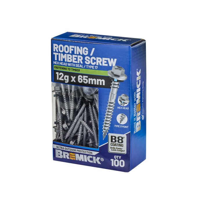 Bremick Hex Roofing Screw 12g x 65mm B8 PK100