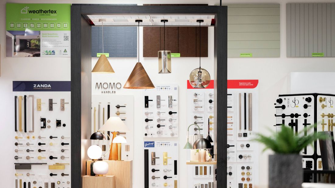 An image showcasing a variety of door handles and interior designs at the Bunnings Trade Solutions Studio