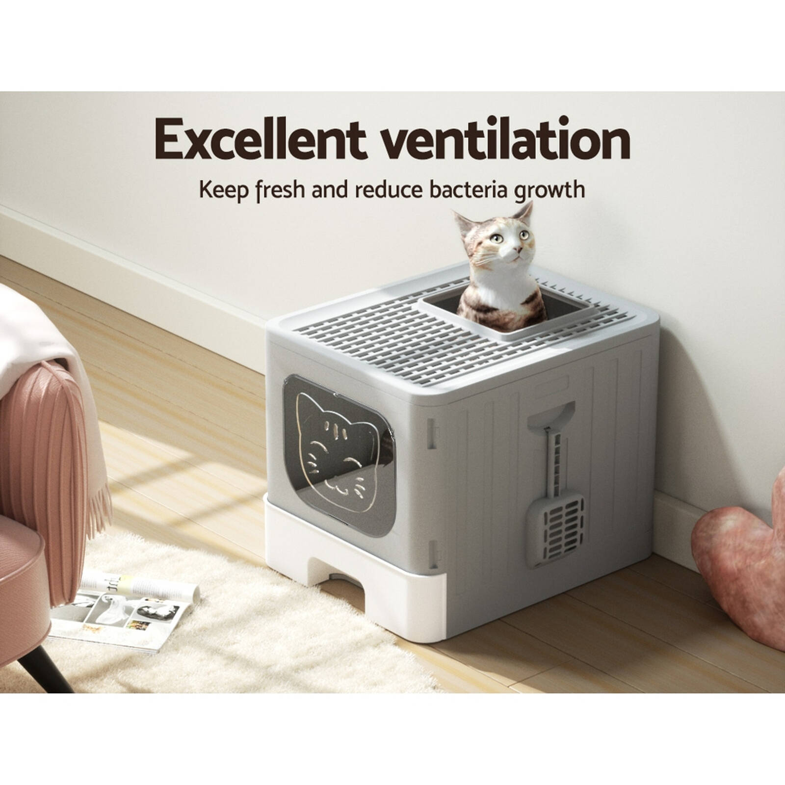 i.Pet Cat Litter Box Large Tray Kitty Toilet Enclosed Hooded Foldable Scoop Grey Bunnings Australia