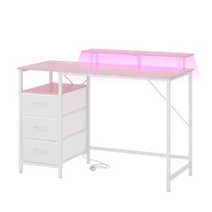Ufurniture 120cm Computer Desk Reversible Gaming Desk with Power Outlets and Monitor Stand Pink+White
