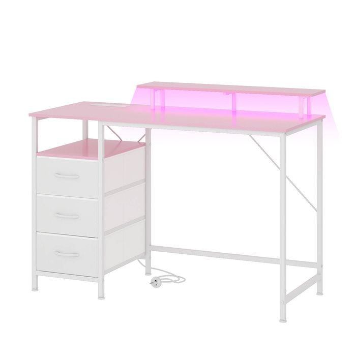 Ufurniture 120cm Computer Desk Reversible Gaming Desk with Power Outlets and Monitor Stand Pink+White