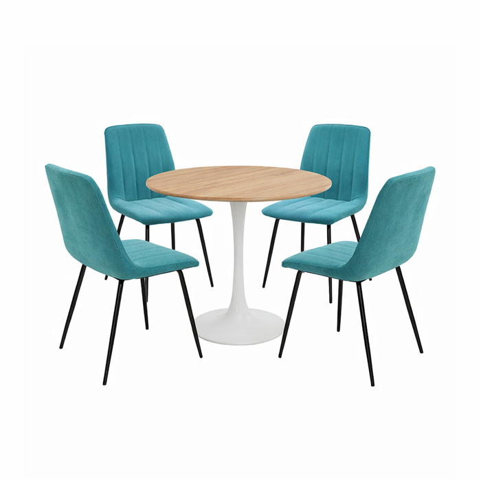 FORET 5pcs Round Dining Table Set White Base with 4 Velvet Chairs