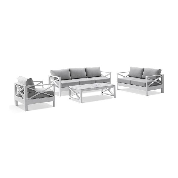 Kansas 3+2+1 Seater Lounge Set Coffee Table White & Olefin Grey Cushions