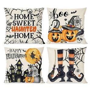Catzon 4 Pcs Scary Throw Pillow Covers Linen Cushion Case for Decor 50X50cm
