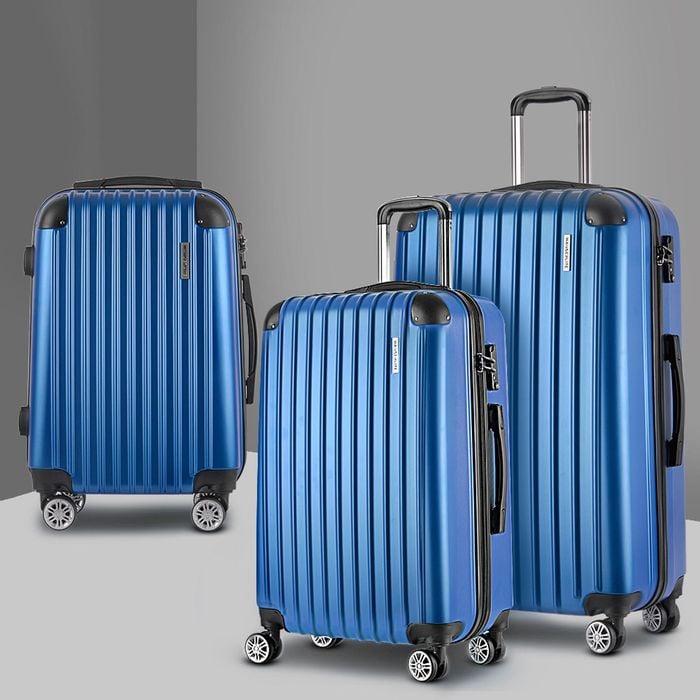 Wanderlite 3pcs LuggageTrolley Set Travel Suitcase Storage Organiser Carry On Hard Case TSA Lightweight Blue Bunnings Australia