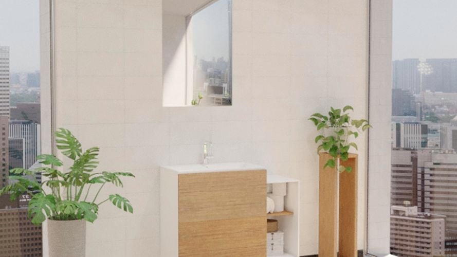 Bathroom with mirror along with low height wash basin, plants and white wall tiles.