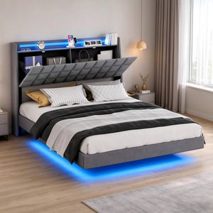 Advwin Double Floating Bed Frame with LED Lights and Storage Headboard Dark Grey