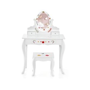 Costway Kids Vanity Desk &stool Set Apple Pattern Table Set W/rotatable Mirror Children Makeup Toy