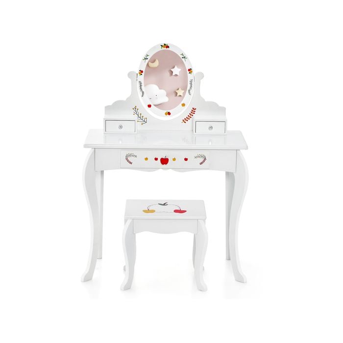 Costway Kids Vanity Desk &stool Set Apple Pattern Table Set W/rotatable Mirror Children Makeup Toy