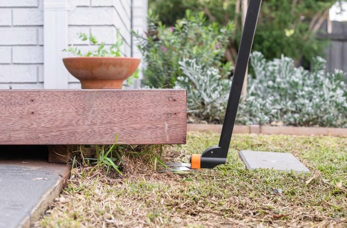 Person using tool to trim lawn edges that are growing underneath edge of decking.