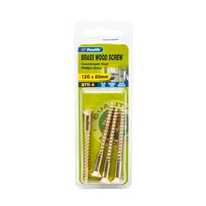 Zenith 12G x 60mm Solid Brass Wood Screw - 4 Pack