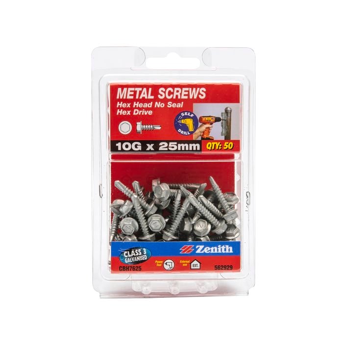 Zenith 10G x 25mm Galvanised Hex Head Metal Screws - 50 Pack
