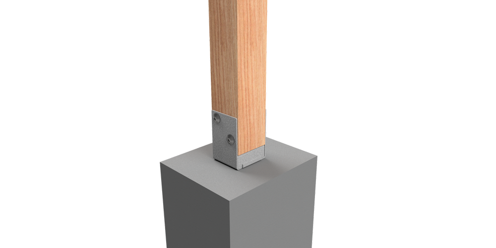 A timber
  post installed using VUEPRO Bolt Down Post Support (I/N 0353396)