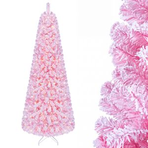 Costway 210cm Flocked Fir Christmas Tree Artificial Xmas Tree w/738 Full Branch Tips & 280 LEDs-Pink