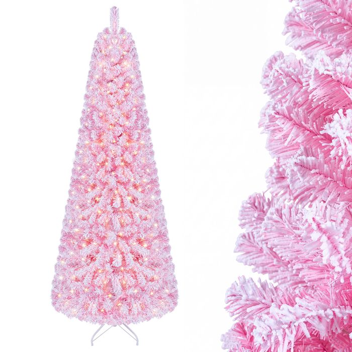 Costway 210cm Flocked Fir Christmas Tree Artificial Xmas Tree w/738 Full Branch Tips & 280 LEDs-Pink