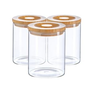 Argon Tableware 3 Piece Glass Jar With Wooden Lid Storage Container Set - Round Scandinavian Style Canister - 750ml
