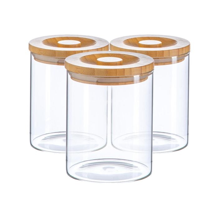 Argon Tableware 3 Piece Glass Jar With Wooden Lid Storage Container Set - Round Scandinavian Style Canister - 750ml