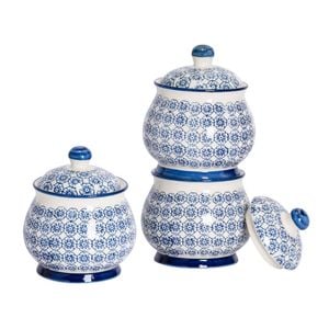 Nicola Spring 3 Piece Hand Printed Sugar Bowl Set - Stoneware Tea Coffee Kitchen Containers - 10.5cm