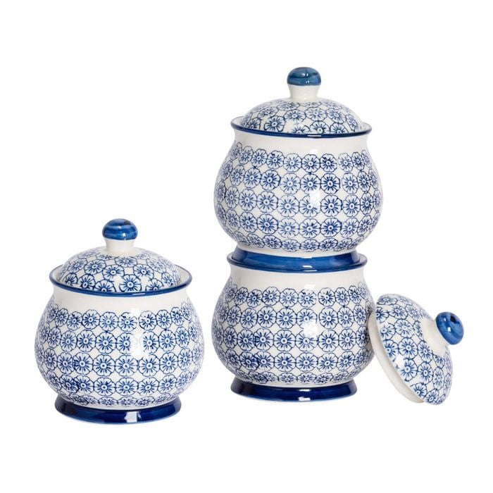 Nicola Spring 3 Piece Hand Printed Sugar Bowl Set - Stoneware Tea Coffee Kitchen Containers - 10.5cm