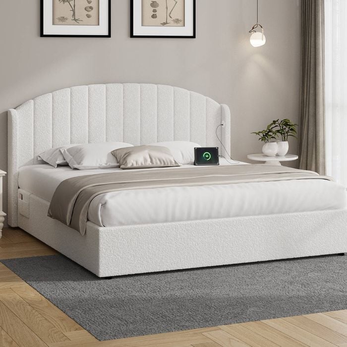 Oikiture Bed Frame King Size With Gas Lift Storage Usb Charging Boucle