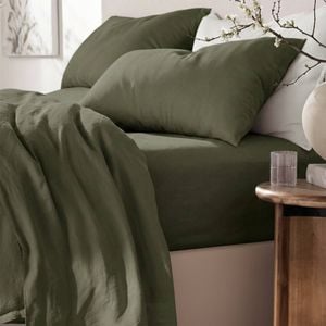 4pc Renee Taylor Washed Linen Cotton Bed Sheet & Pillow Case Set Leaf Queen