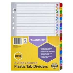 Marbig Manilla Plastic Tab Dividers A4 (Coloured) (A-Z Tab)