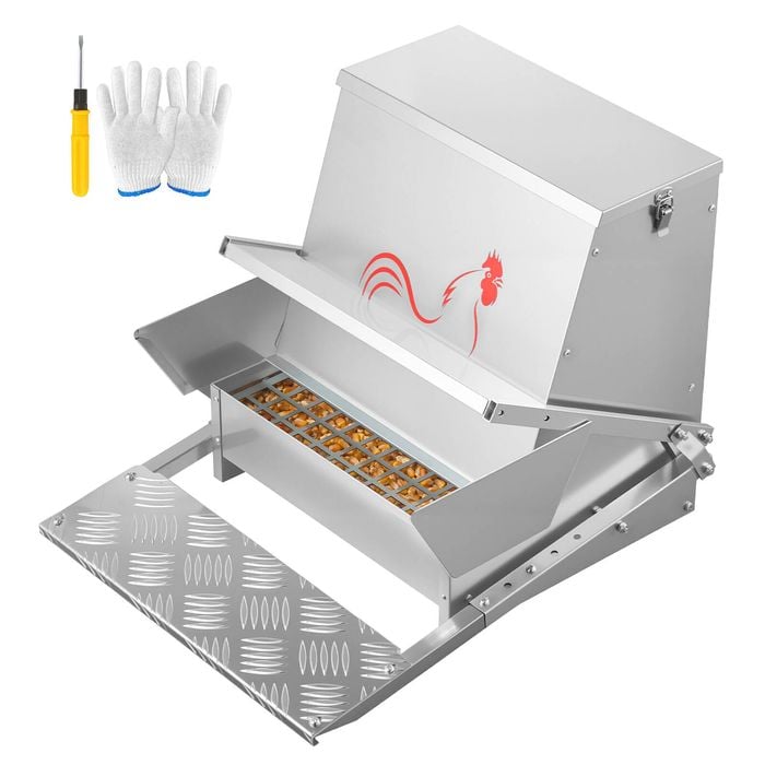 VEVOR Automatic Chicken Feeder Silver Rainproof with Lockable Lid Galvanized Steel