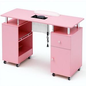 Advwin Manicure Table Vanity Desk for Nail Tech with Dust Collector Wrist Rest Lockable Wheels Pink