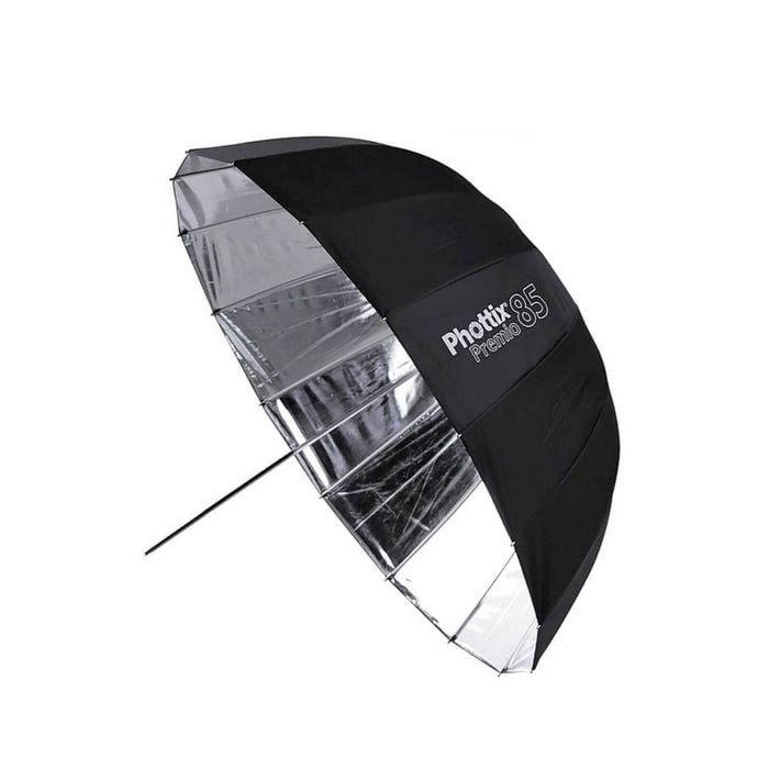 PHOTTIX UMBRELLA REFLECT PREM 85CM SILVER INSIDE BLACK OUTER WHITE FIBREGLASS SPOKES