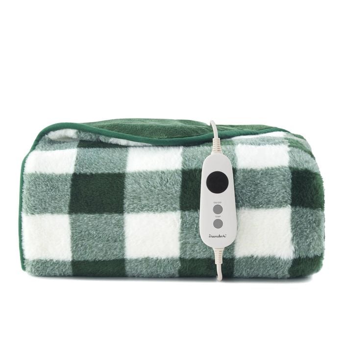 Dreamaker Gingham Plush Electric Heated Throw Blanket Green - 130x160cm | Overheat Protection, 9 Heat Setting, Machine Washable