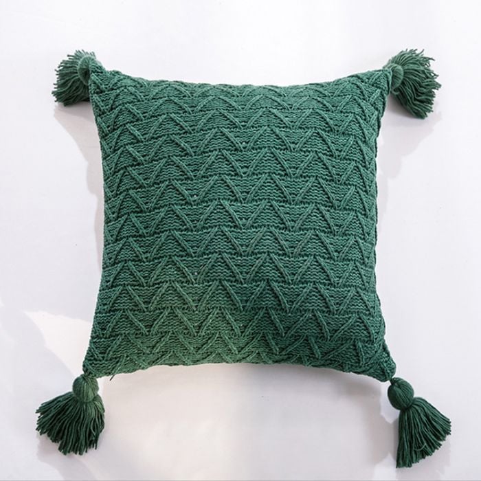 CottonMore Soft Chenille Knitted Tassel Cushion Cover Dark Green 45x45cm