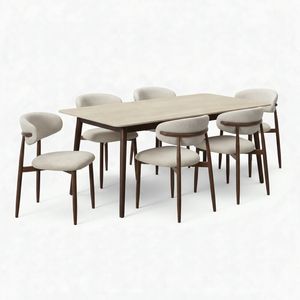 Milo 7pc Dining Set 180cm Table Sintered Stone Top Beige Chair Walnut