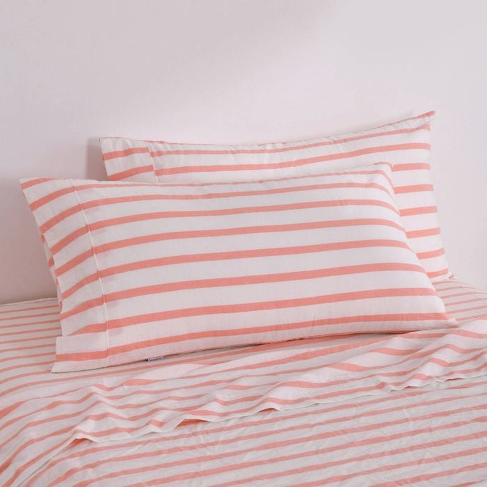 Dreamaker Bask Washed Cotton Yarn Dyed Stripe King Pillowcase Coral Twin Pack