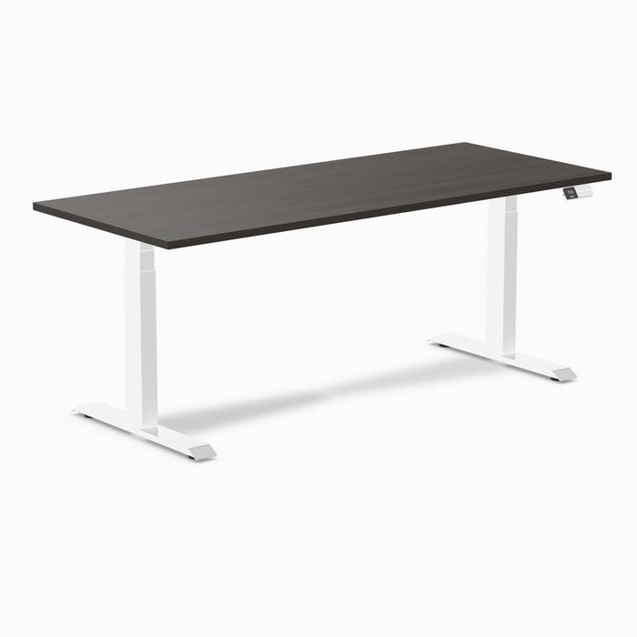 Desky Dual Sit to Stand Burnished Wood Melamine Desk 180x75cm White Height Adjustable Legs