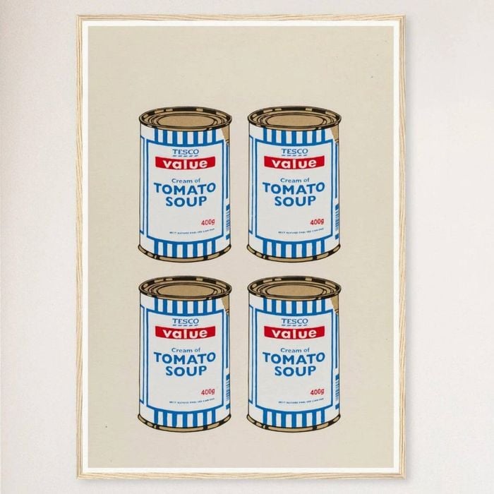 Galrie Banksy Four Soup Cans Art Print - Gold on Cream, 2005 Limited Edition, Wood Frame, A4 21 x 30cm (8 x 12inch)