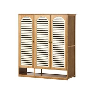 Oikiture 3 Doors Shoe Storage Cabinet Bamboo Shelf Beige