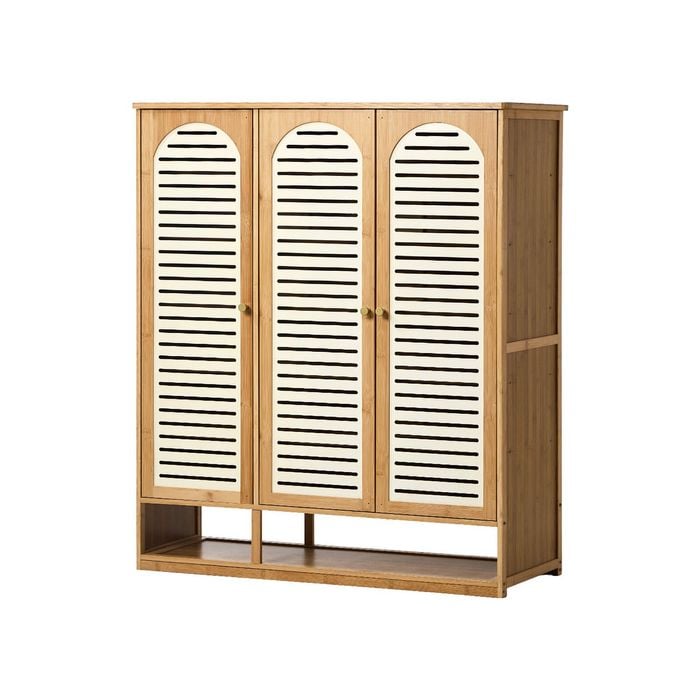 Oikiture 3 Doors Shoe Storage Cabinet Bamboo Shelf Beige