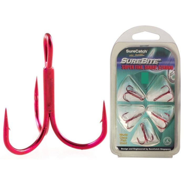 5 Pack of Surecatch Red Chemically Sharpened Treble Fishing Hooks [Size: 14]