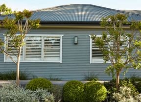 Exterior of a grey coloured weatherboard home with many plants and trees in front of it.