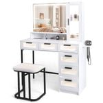 Costway Dressing Table Stool Set Charging Station Vanity Cabinet