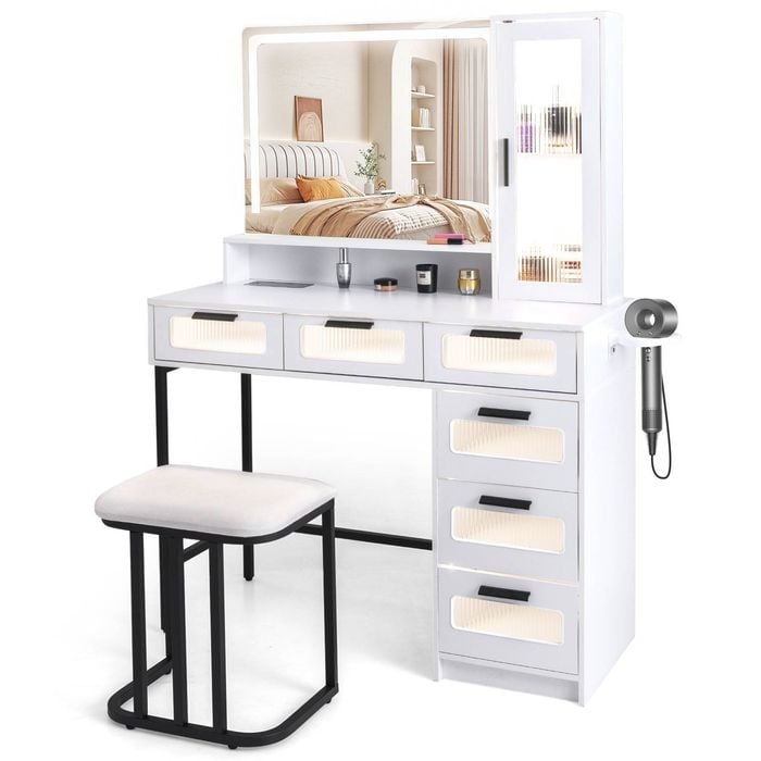 Costway Dressing Table Stool Set Charging Station Vanity Cabinet