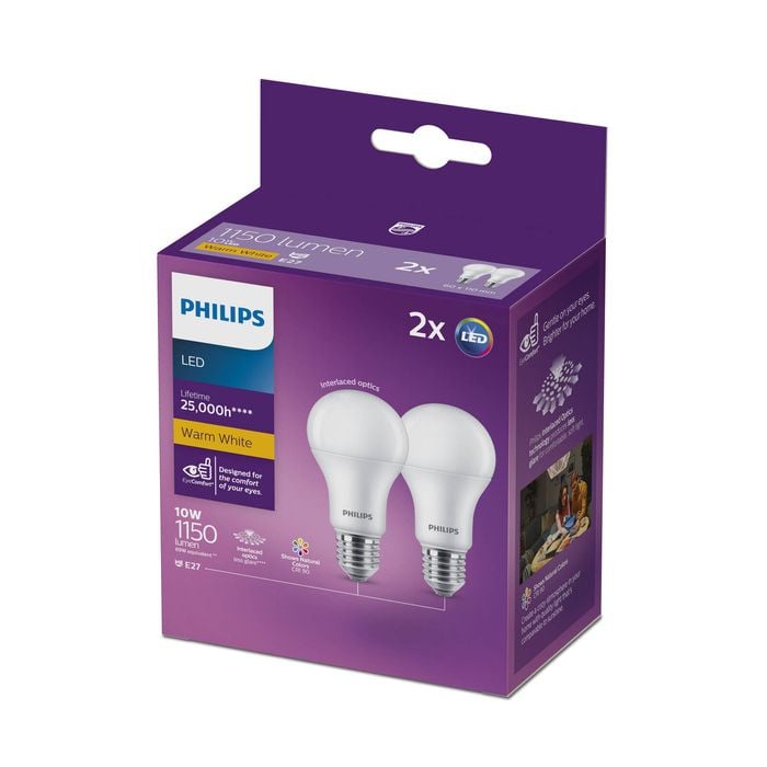 Philips A60 E27 LED 1150Lm Warm White 10W Globe - 2 Pack