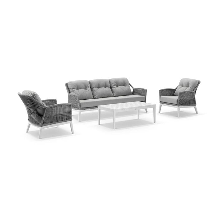 Hugo 3+1+1 Seater Outdoor Aluminium/rope Lounge Set White With Coffee Table & Grey Rope/ Olefin Cushions