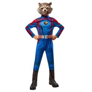Marvel Rocket Raccoon Deluxe Halloween Costume with Printed Jumpsuit, Tail and Mask - Blue & Brown Colour, 5-6-YRS