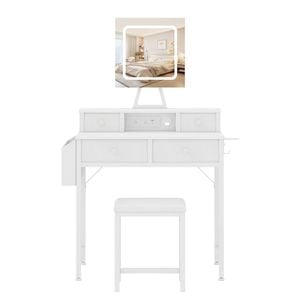 Ufurniture White Makeup Vanity Desk with Drawers and Side Pocket Small Dressing Table Set with LED Mirror and Power Outlet