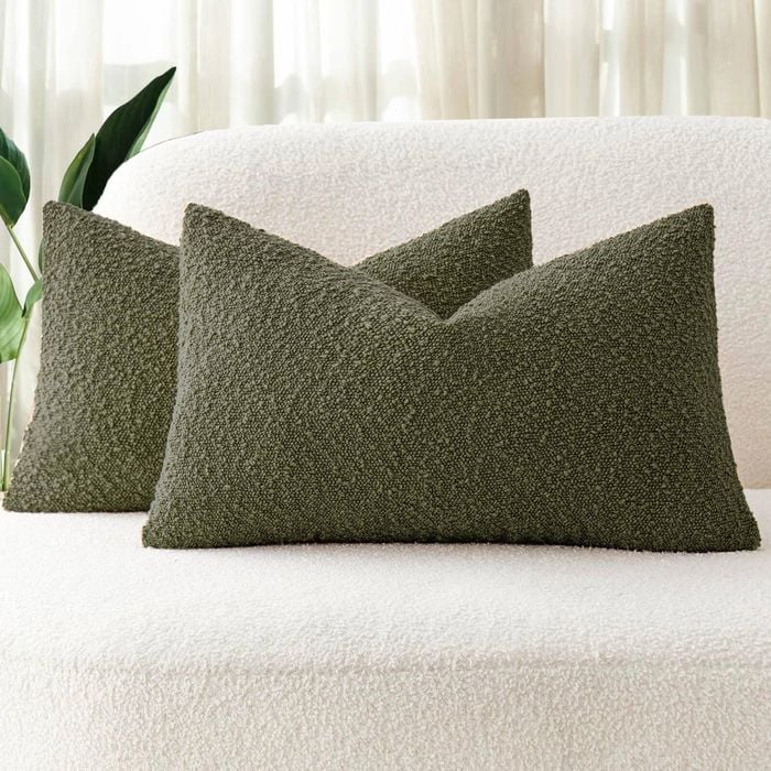 Gioia Casa Twin-Pack Bouclé Cushion Covers - Soft Textured Polyester with Hidden Zipper (Olive Green, 30cm x 50cm)